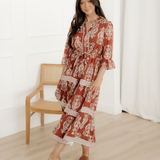 Harmony Floral Print Belted Striped Trim Tiered Maxi Dress