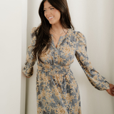 Brianna Floral Print Smocked High Waist Long Sleeve Maxi Dress - Blue