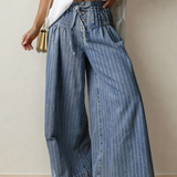 PREORDER Cora Blue Stripe Button Pleated Drawstring Waist Casual Wide Leg Jeans