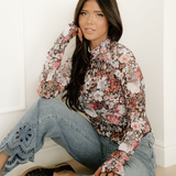 Raelynn Floral Print Mesh Mock Neck Slim Blouse - Brown