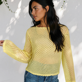 Felicity Scalloped Trim Hollow Out Knit Long Sleeve Top - Yellow