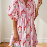 Catherine Floral Striped Print Tie Notched Neck Puff Sleeve Flared Mini Dress