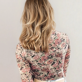 Ophelia Retro Floral Print Mock Neck Mesh Long Sleeve Top - Black