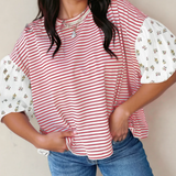 Aviva Puff Sleeve Patchwork Round Neck Loose Top - Red