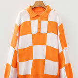 V Neck Checkered Sweater - Tangerine