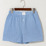 Gingham Print High Waisted Loose Shorts - Blue