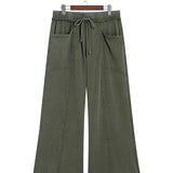 Jungle Green Mineral Wash Seam Detail Flare Leg Drawstring Pants