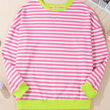 PREORDER Baya Striped Contrast Trim Drop Shoulder Sweatshirt - Pink | Dropship