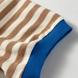 PREORDER Kimberly Stripe Short Puff Sleeve Contrast Trim Round Neck Tee - Brown | Dropship