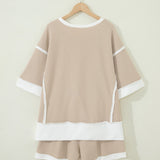 Easy Days Set Raw Edge Color Block Patchwork Oversize Tee Drawstring Loose Shorts 2pcs Set