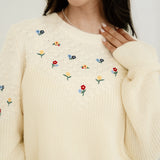 Gemma Mixed Texture Knit Flower Embroidered Detail Casual Sweater