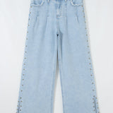 Baylor Studded Side Slit Leg Frayed Pocketed Wide Leg Jeans - Light Wash
