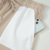 Easy Days Set Raw Edge Color Block Patchwork Oversize Tee Drawstring Loose Shorts 2pcs Set