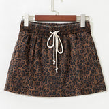 PREORDER Leopard Print Elastic Waist Drawstring Denim Skort