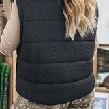 Black Textured Quilted Stand Neck Zipper Winter Vest