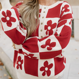 Retro Flower Plaid Henley Baggy Sweater