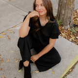 Mila Textured Loose Fit T Shirt and Drawstring Pants Set - Black | Dropship