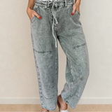 PREORDER Shiloh Acid Wash Barrel Fit Denim Pants with Waist String - Gray | Dropship
