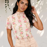 Millie Floral Print Mock Neck Short Sleeve Mesh Top