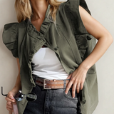 PREORDER Margot Ruffle Plain Denim Jacket Vest - Green | Dropship
