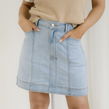 Juliet Exposed Seam Detail A-line Denim Mini Skirt with Pockets