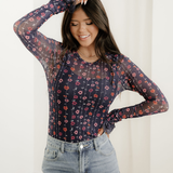 Samantha Floral Print Smocked Cuff Slim Fit Mesh Bodysuit