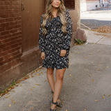 Black Floral Long Sleeve Frilly Shirred Square Neck Mini Dress
