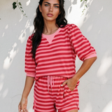 Sweet Escape Lounge Set Stripe Puff Short Sleeve T Shirt Matching Shorts Set - Red