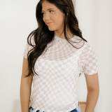 Short Sleeve Checkered Mesh Crew T Shirt - Khaki