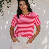 Collette Stripe Scalloped Trim Round Neck T Shirt - PInk