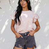 Vienna Twilled Print Lace Trim Ruffled Short Sleeve Blouse - Pink