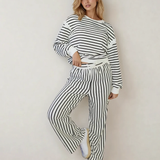 PREORDER Talia Stripe Ruffle Trim Drop Shoulder Top Drawstring Loose Pant Set | Dropship