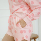 Kaylee Polka Dot Print Drop Shoulder Pullover Drawstring Shorts Set - Pink