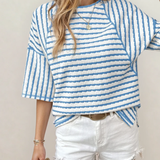 PREORDER - Noelle Textured Knit Split Hem Half Sleeve Loose Top - Sky Blue | Dropship
