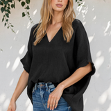 Capri Frayed Batwing Sleeve Textured Cotton Blouse - Black