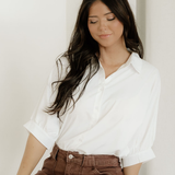 Wrenlee Plain 3/4 Batwing Sleeve Oversize Button Up Blouse - White