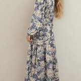 PREORDER Brianna Floral Print Smocked High Waist Long Sleeve Maxi Dress - Blue | Dropship