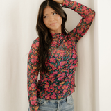 Summer Slim Fit Floral Mesh Long Sleeve Mock Neck Top - Rose