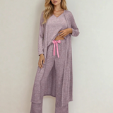 Maggie 3pcs V Neck T Shirt Ribbon Knot Pants Open Duster 3pcs Lounge Set - Rose