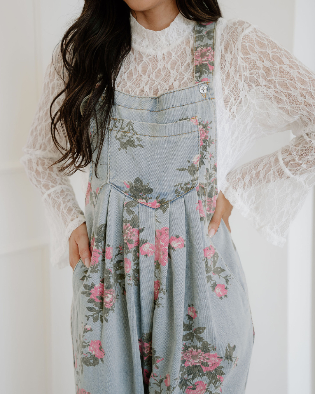 Scottie Floral Print Pleated High Waist Wide Leg Denim Jumpsuit