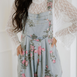 Scottie Floral Print Pleated High Waist Wide Leg Denim Jumpsuit