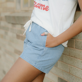 Lottie Stripe Drawstring Elastic Waist Casual Denim Shorts