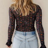 Samantha Floral Print Smocked Cuff Slim Fit Mesh Bodysuit