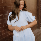 Mimi Button Up Short Puff Sleeve Tiered Shift Dress