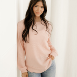 Valerie Rounded Hem Waffle Plain Long Sleeve Top - Pink