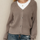 PREORDER Jane Mixed Texture Knit Button V Neck Sweater Cardigan - Brown | Dropship