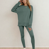 Remi Solid Color Oversize Slit Sweatshirt Ribbed Leggings 2pcs Set - Green