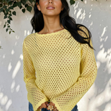 Felicity Scalloped Trim Hollow Out Knit Long Sleeve Top - Yellow