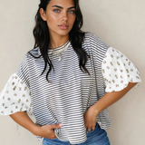 Aviva Puff Sleeve Patchwork Round Neck Loose Top - Black