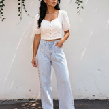 Baylor Studded Side Slit Leg Frayed Pocketed Wide Leg Jeans - Light Wash